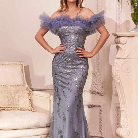 SMOKEY BLUE PROM PARTY EVENING GATHERED TULLE OFF THE SHOULDER FITTED GOWN J818